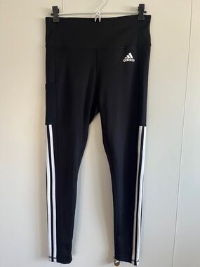 adidas Black Leggings with White Side Stripes and High Waist